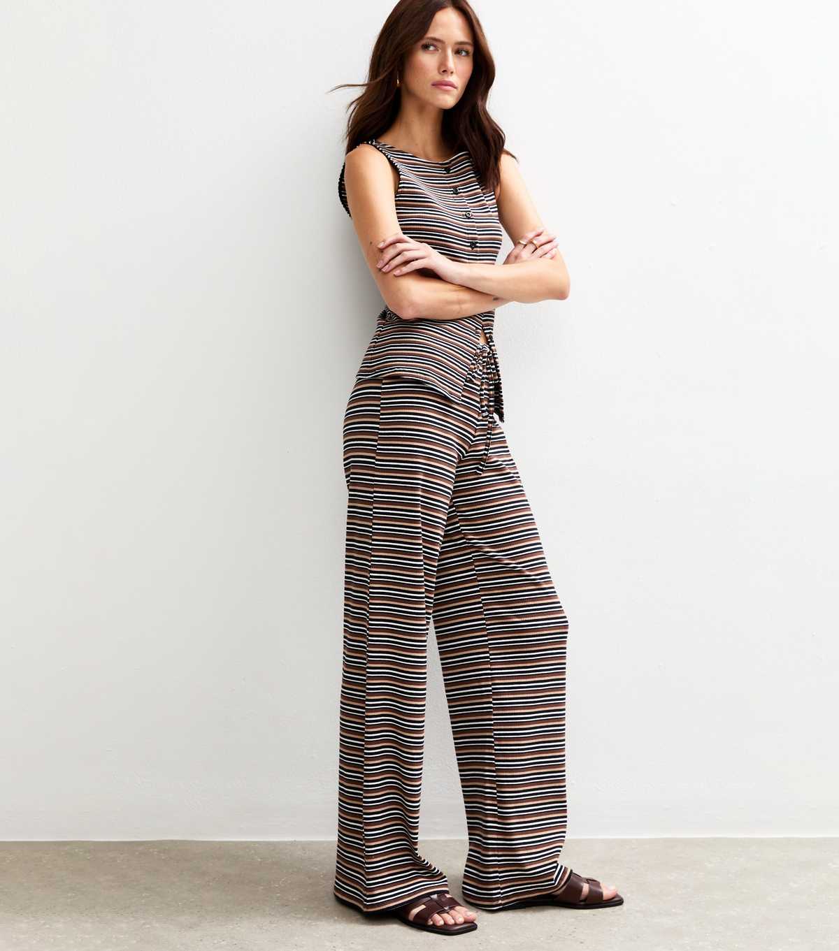 Black Ribbed Striped Wide Leg Trousers