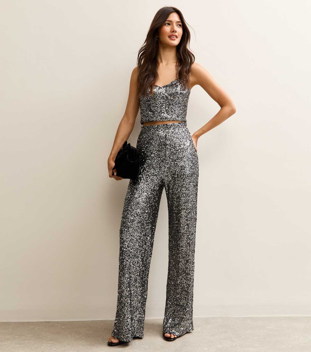 Gunmetal Sequin Soft Touch Wide Leg Trousers