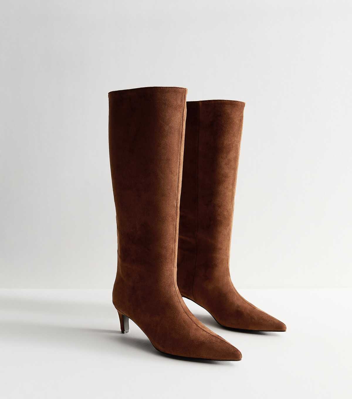 Slim Calf Fit Brown Faux Suede Knee High Boots